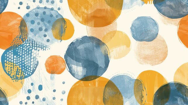 Abstract watercolor circle seamless pattern with blue, orange, and yellow circles on a white background. Ideal for artistic, creative, and decorative designs.