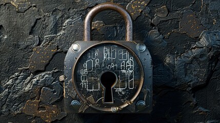 A 3D rendering of a padlock with a digital face showing fluctuating numbers, set against a dark, textured background with space for copy on the top.