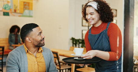 Hospitality, man and waitress in cafe with drink, client order and smile at table. Barista woman, male customer and service in restaurant for latte, small business and local support in coffee shop