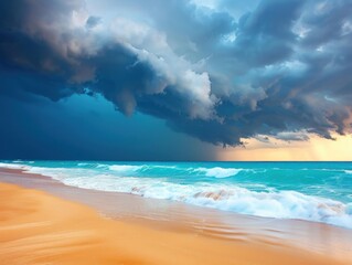 Obraz premium Stormy skies over the beach with turbulent waves