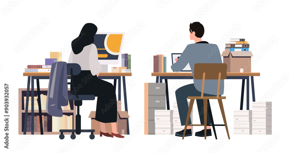 Aufkleber office workers at desks busy workspace books computers. illustration shows two people working at sep
