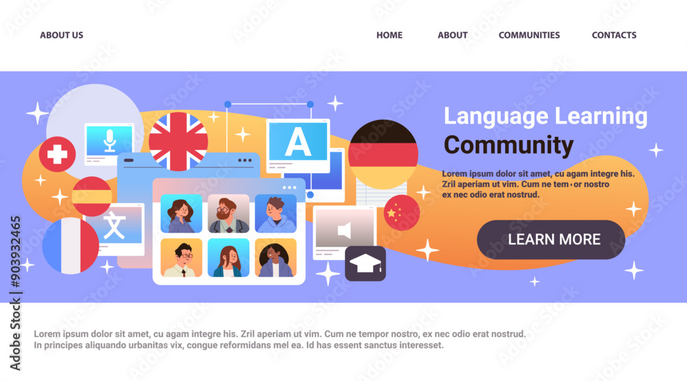 Aufkleber language learning community online platform with international flags computer screens people avatars