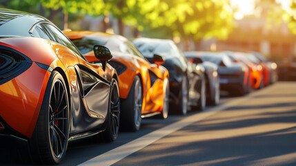 modern cars parked in the parking lot, used luxury car for rental services or premium cars sale business background