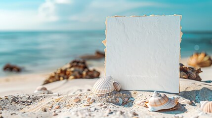 A beach-themed wedding invitation card mockup with sandy textures and seashell accents, laid on a sandy beach backdrop with a hint of the ocean in the distance.