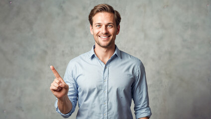 Confident Businessman Pointing: Smiling German Professional in Blue Shirt