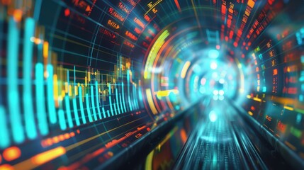 Futuristic tunnel with colorful charts, price drop, market downturn
