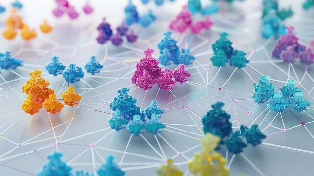A bird's eye view of a customer segmentation interface, featuring demographic clusters in different colors, each cluster connected by lines denoting interactions. .