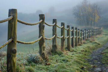 Obraz premium Morning Mist Over Countryside Path with Rope Fence and Rolling Hills 