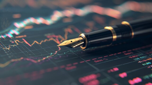 Precision and Prosperity Fountain Pen on Stock Market Report with Dynamic Digital Charts