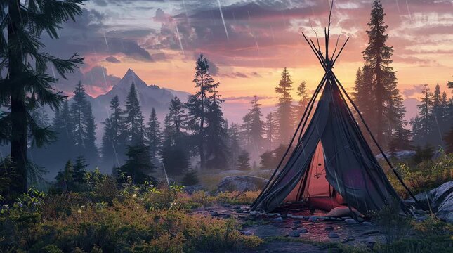 Tent set up in a forest at evening with a glowing sky above, creating a serene and magical camping scene with soft, warm hues and a  Seamless looping 4k time-lapse virtual video animation Generated AI