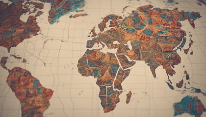 African map outlined with traditional patterns and vibrant colors, set against a neutral background
