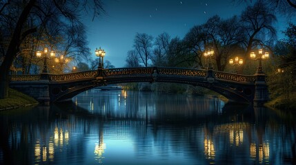 Fototapeta premium A bridge over a tranquil river at night, with old-fashioned street lamps casting a soft light on the water, and a backdrop of trees silhouetted against the night sky.