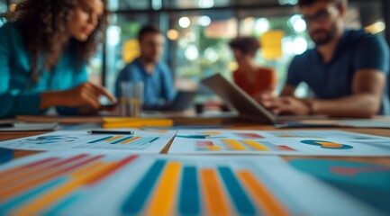 Supplier performance review meeting, team analyzing data charts, collaborative decision-making, office atmosphere.