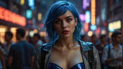 Fototapeta premium Cyberpunk Beauty: Futuristic Blue hair Woman Nightclubbing in Neon-lit Urban Night