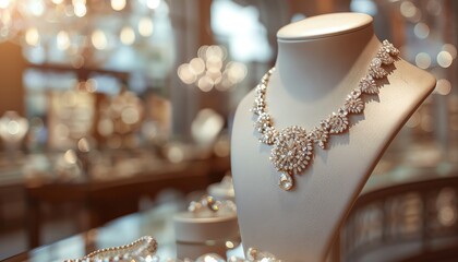 Highend jewelry store display with natural light, blurred background, bottom right web banner, copyspace, highresolution, sparkling details, ultrarealistic, luxurious feel
