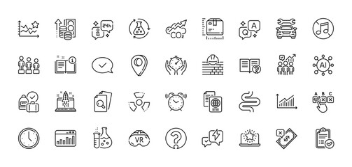 No music, Timer and Chemical hazard line icons pack. AI, Question and Answer, Map pin icons. Chemistry experiment, Help, Equality web icon. Vector