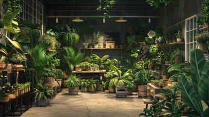 Lush Oasis Rare Exotic Plants Illuminated by Dusk