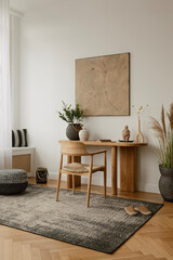 Modern home office with a minimalist design, featuring a wooden desk with decorative items, a...