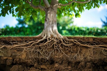 Tree structure with root system going deep into the ground, soil cross, absorption system water