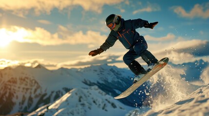 A snowboarder in peau apparel performing a mid-air trick against a backdrop of snow-covered mountains, the light black and blue of the outfit contrasting with the white and silver of the winter