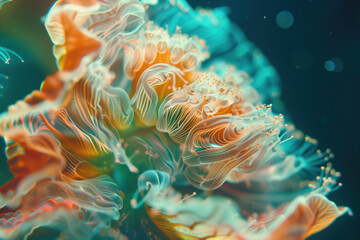 animal by ai // sea anemone, jellyfish, closeup, blue water with orange colors, surreal, photorealistic // ai-generated