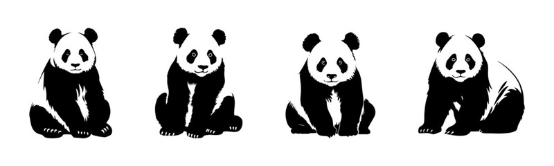 Naklejka premium Black panda silhouette cutout. Set of panda animal silhouette on transparent background