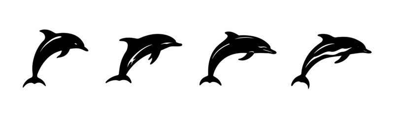 Fototapeta premium Black dolphin silhouette cutout. Set of dolphin animal silhouette on transparent background