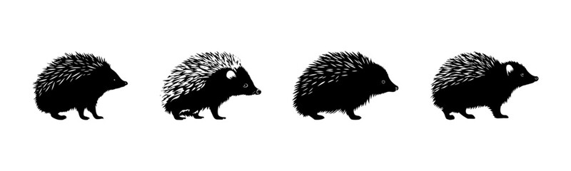 Black hedgehog silhouette cutout. Set of hedgehog animal silhouette on transparent background