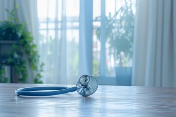Close up of a stethoscope on a table with a blurred background symbolizing medical care and health check ups focusing on healthcare tools and professional medical equipment.