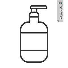 Plastic bottle icon with dispenser pump for liquid soap, gel,lotion,cream, shampoo,bath foam and other cosmetics.Editable Stroke. Vector illustration EPS 10