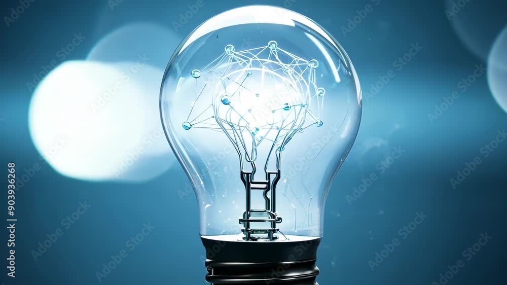 Poster glowing light bulb with digital circuit on abstract blue background