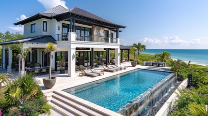 Fototapeta premium A beach house with an infinity pool, white walls and a black roof on the main floor and a second story balcony overlooking the ocean in paradise