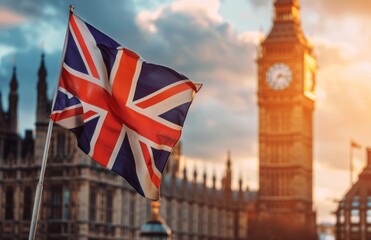 British Union Jack flag blowing in the wind with big ben tower and the london houses of parliament in background. Pride and nationalism