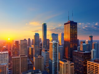 Obraz premium Sunset over city skyline with high-rise buildings