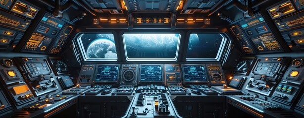 Control panel of a spaceship with buttons and screens and plenty of copy space