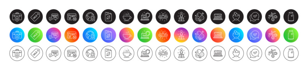 Canister, Video conference and Coffee cup line icons. Round icon gradient buttons. Pack of Success, Scissors, T-shirt icon. Quick tips, Depression treatment, 5g internet pictogram. Vector