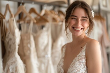 Fototapeta premium woman trying on wedding dress. Happy bride excited smile for wedding, happiness and marriage