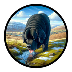 A circular 3D rendered watercolor painting of a Newfoundland dog, isolated on a transparent background