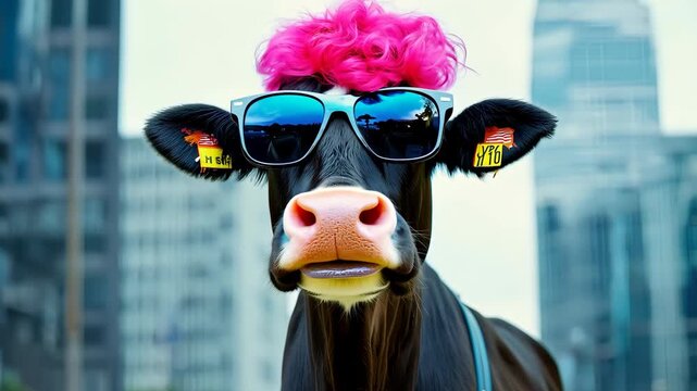 Chic cow in pink wig and shades blowing bubble gum in cityscape