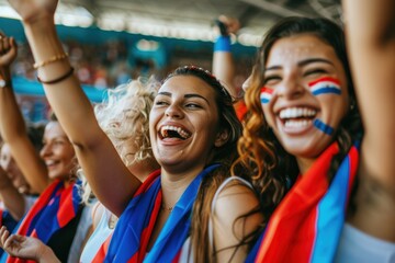 Women's football fans having fun cheering their favorite team Soccer sport entertainment concept