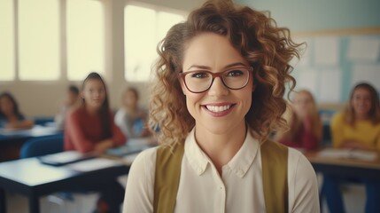 Fototapeta premium Cheerful female teacher with glasses and curly hair smiles at the camera. Students are seated in the background. Perfect for illustrating warmth, friendliness, and education in a classroom setting