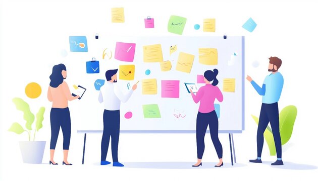 Collaborative Brainstorming Session: Team in Action with Idea Boards and Sticky Notes,