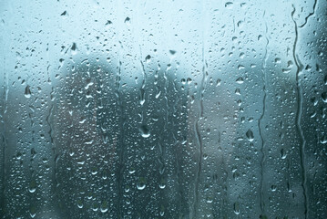 Water drops on glass window with autmn forest background