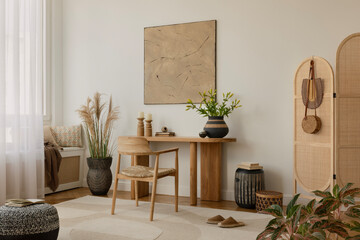 Modern home office with a minimalist design, featuring a wooden desk with decorative items, a...