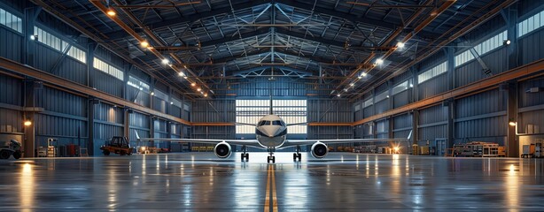 Maintenance hangar with airplane mechanics and ample room for content