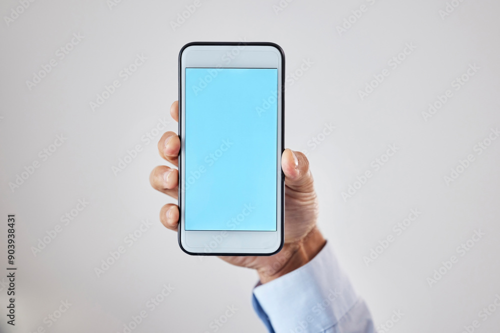 Poster technology, hand and phone with mockup on green screen for social media advertising space or company