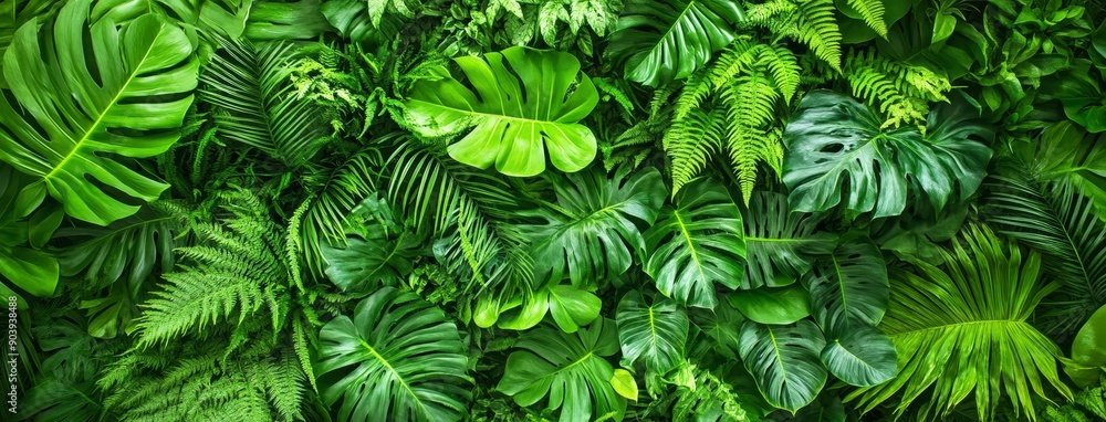 Poster the background is a green leaf texture with a top view flat lay on a green leaf background