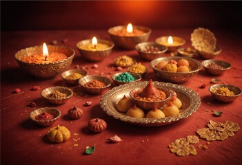 Fototapeta premium diwali diya is lit up next to traditional diwali sweets and diwali elements on red table