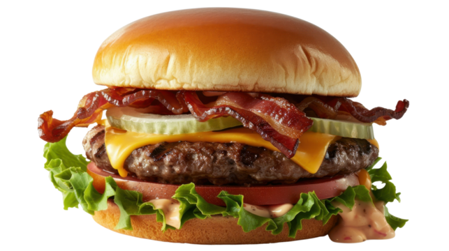 Double cheese bacon burger with lettuce, onion and tomato on transparent background