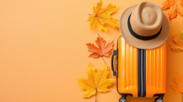 Bright Yellow Luggage Surrounded by Colorful Autumn Leaves on Orange Background